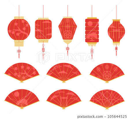 Asia elements. Chinese festive decor floral patterns and ornament, flowers, clouds and ornaments traditional oriental style vector set. Frames, banners, icons. Asian style. 105644525