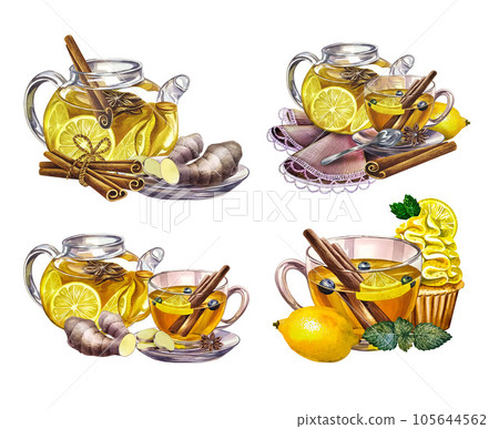 A set of compositions with fragrant antiviral tea with lemon, cinnamon and ginger and honey. Vitamin tea against colds. Watercolor illustration. For labels, invitations, banners, packaging and menus. A set of compositions with fragrant antiviral tea with lemon, cinnamon and ginger and honey. Vitamin tea against colds. Watercolor illustration. For labels, invitations, banners, packaging and menus. 105644562