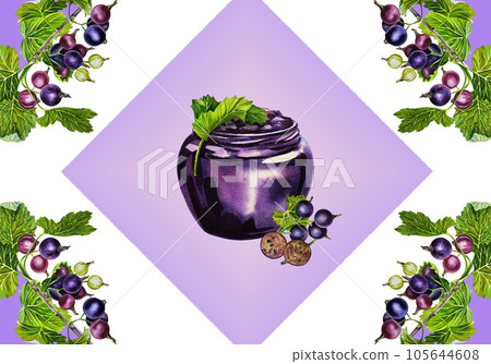 Glass jar with blackcurrant jam in a rhombus frame. Watercolor illustration. For labels, packaging and banners. 105644608