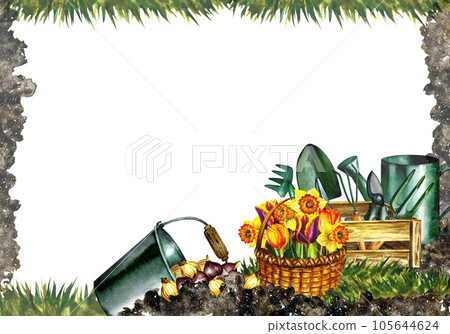 Gardening. gardening tools. Frame. Watercolor illustration. Gardening card, invitation and congratulations Gardening. gardening tools. Frame. Watercolor illustration. Gardening card, invitation and congratulations 105644624