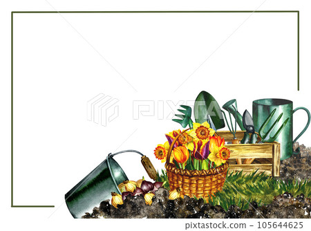 Gardening. gardening tools. Frame. Watercolor illustration. Gardening card, invitation and congratulations 105644625