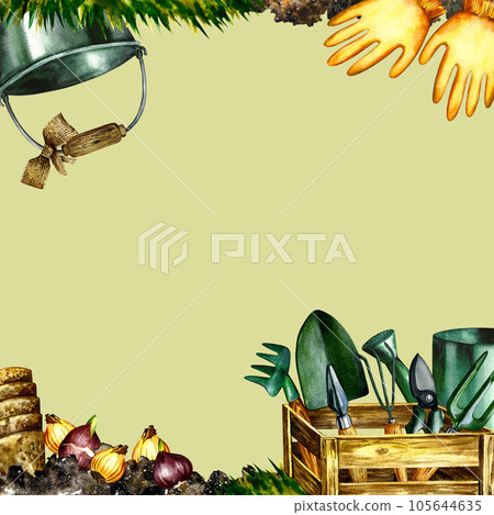 Banner with garden frame. Gardening tools in a wooden box, bucket, flower bulbs, protective gloves. Watercolor. 105644635