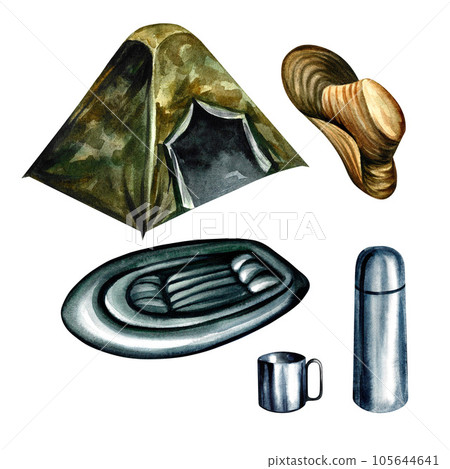 A set of hiking, tourist equipment. Isolate on white background. Watercolor illustration. For design tourism solutions. A set of hiking, tourist equipment. Isolate on white background. Watercolor illustration. For design tourism solutions. 105644641