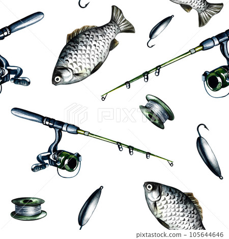 pattern, seamless texture with fish and fishing rods for the angler. On a white background. Watercolor illustration. 105644646