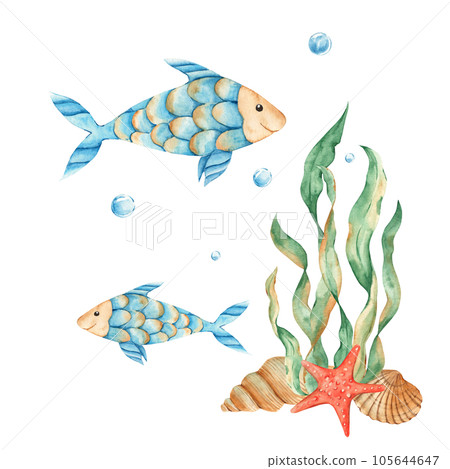 Underwater world. Marine composition of cute fishes, seaweeds, red starfish, seashells and water bubbles. Watercolor hand drawn illustration for children isolated on white background. For cards 105644647