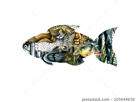 Fishing. Fishing tackle in the shape of a fish. Isolate on white background. Watercolor illustration. Design for fishing 105644650