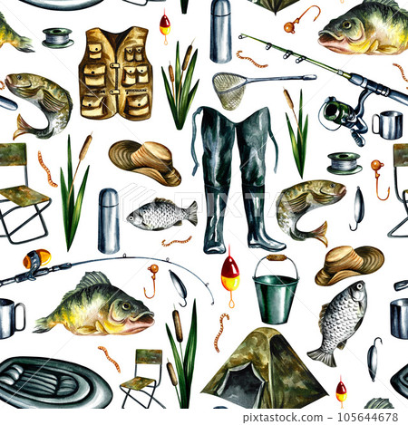 Fishing. Seamless pattern of fishing equipment. Watercolor. Design for fishing. Fishing rod, tent, vest, mug 105644678