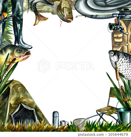 Frame from fishing equipment. Isolate on white background. Watercolor illustration. Design for fishing. 105644679
