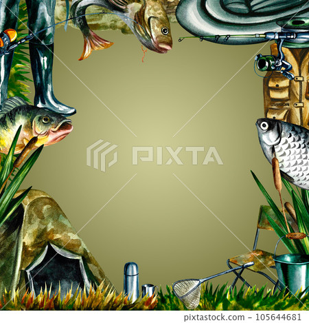 Frame from fishing equipment. Isolate on white background. Watercolor illustration. Design for fishing. Frame from fishing equipment. Isolate on white background. Watercolor illustration. Design for fishing. 105644681