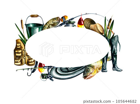 Fishing frame. Fishing gear. Watercolor illustration. Design for fishing. 105644682