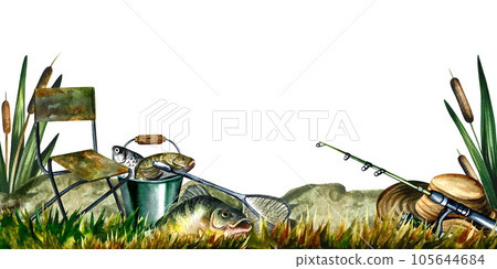 Fishing, banner. Isolate on a white background. Watercolor illustration. Fishing, banner. Isolate on a white background. Watercolor illustration. 105644684
