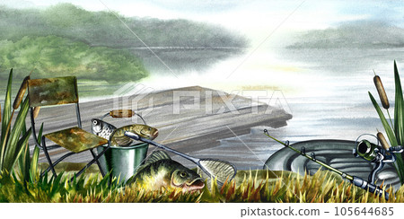 Fishing banner. Watercolor illustration. Landscape of the river valley. A poster with a picturesque view 105644685
