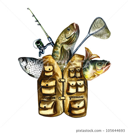 Composition for the angler. Vest, fish and fishing rod Watercolor illustration. For design fishing solutions. 105644693