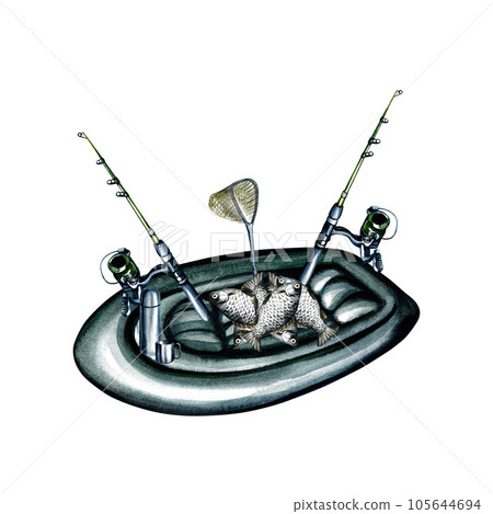Composition for the angler Inflatable boat, fish and fishing rods watercolor illustration For designer fishing solutions 105644694