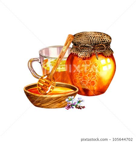 Honey composition with tea and honey. Watercolor illustration. For design solutions for banners, postcards, packaging Honey composition with tea and honey. Watercolor illustration. For design solutions for banners, postcards, packaging 105644702