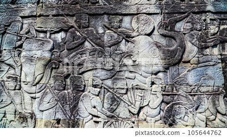 Ancient ruins Thom Bayon temple - famous Cambodian landmark, Angkor Wat complex of temples. Siem Reap, Cambodia. 105644762