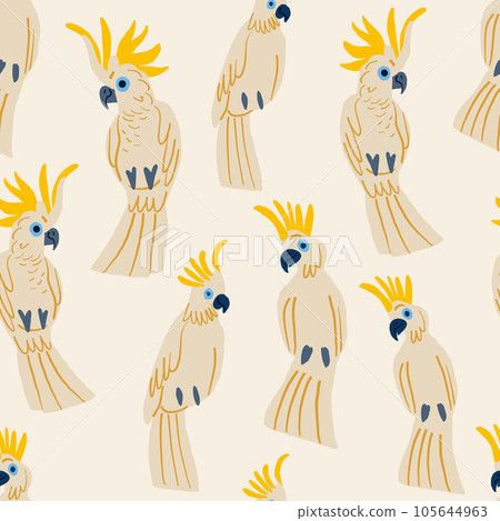 Vector seamless pattern with parrots. Cockatoo characters, white bird. Cute parrots on light. Exotic and tropical background. Vector illustration Vector seamless pattern with parrots. Cockatoo characters, white bird. Cute parrots on light. Exotic and tropical background. Vector illustration 105644963