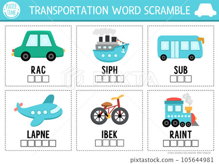 Vector transportation word scramble activity page. English language game with car, ship, train, bike, plane, bus for kids. Transport family quiz with vehicles. Educational printable worksheet 105644981