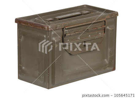 US army green metal .50 cal ammo can on white background. 105645171