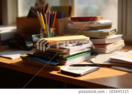 Office desk with an organized stack of papers. Unfinished documents on office desk. Generative AI 105645315