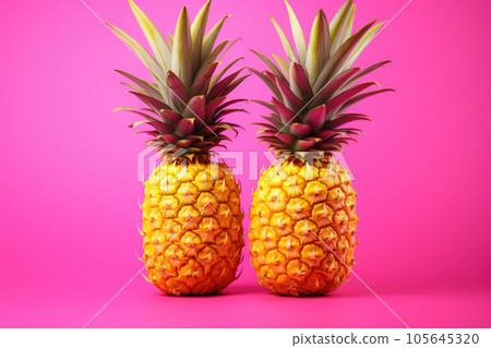 Pineapples on a vivid pink background. Generative AI 105645320
