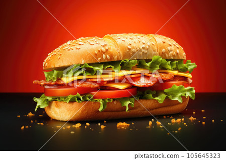 Sandwich with tasty ingredients of salami, tomato, lettuce and chess. Generative AI 105645323