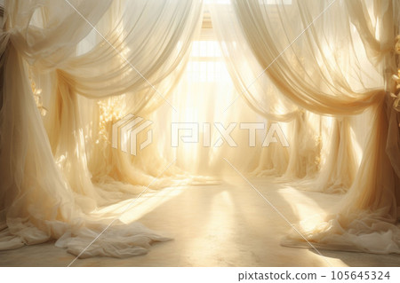 The transparent white curtains with soft bright light. Generative AI 105645324