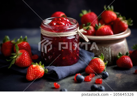 Jar of strawberry jam and fresh berries. Generative AI 105645326