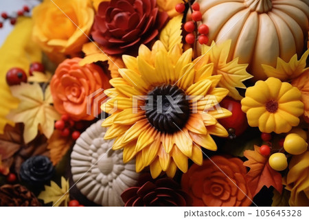 Bright background with beautiful thanksgiving decorating. Pumpkins with fruits, flowers, vegetables and leaves. AI generated 105645328