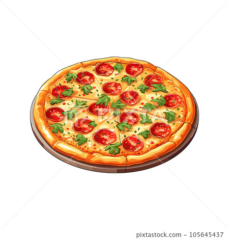 Hand Draw Pizza with various ingredients in cartoon style. Whole and chopped pizza icon. Vector illustration EPS10 Hand Draw Pizza with various ingredients in cartoon style. Whole and chopped pizza icon. Vector illustration EPS10 105645437