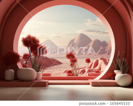 Home interior futuristic red design with round window arch showing mountain landscape, flowers and sky. 3D visualization AI Home interior futuristic red design with round window arch showing mountain landscape, flowers and sky. 3D visualization AI 105645533