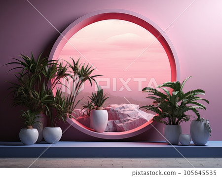 Home interior futuristic pink design with round window arch showing mountain landscape and pink sky. 3D visualization AI Home interior futuristic pink design with round window arch showing mountain landscape and pink sky. 3D visualization AI 105645535