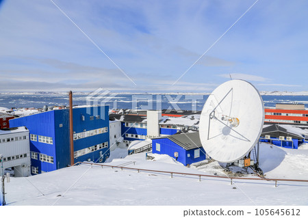 Arctic station covered in snow and Nuuk city fjord view, Greenland 105645612