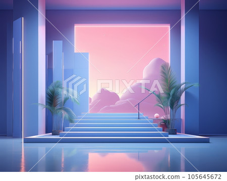 Home interior futuristic blue room design with window arch showing pink clouds. AI Home interior futuristic blue room design with window arch showing pink clouds. AI 105645672