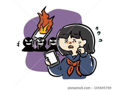 Illustration of a female student who is in trouble with mobile phone and Internet flame trouble 105645709