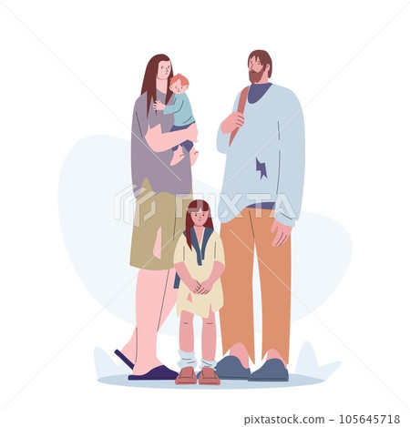 Poverty, poor family with baby. Refugees worried, social problems and migration. Child and parents, homeless people kicky vector characters 105645718