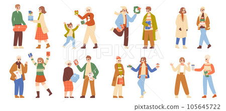 People give christmas gifts for holidays. New year family time, woman man bring and unpacking present boxes. Xmas party snugly vector characters People give christmas gifts for holidays. New year family time, woman man bring and unpacking present boxes. Xmas party snugly vector characters 105645722