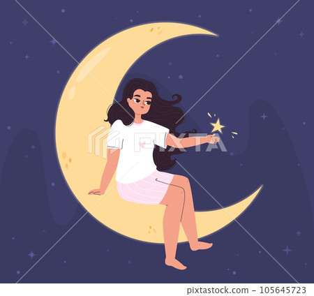 Girl dream on moon, woman at night sit on crescent and holding star. Imagine or sleep, cartoon magic nighttime concept. Imagination snugly vector scene Girl dream on moon, woman at night sit on crescent and holding star. Imagine or sleep, cartoon magic nighttime concept. Imagination snugly vector scene 105645723