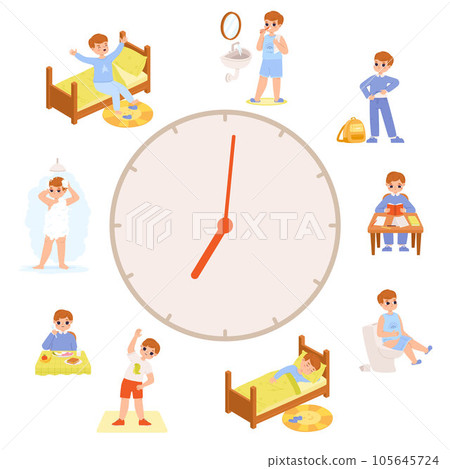 Little boy daily life schedule. Morning and day routine, time and discipline. Active baby eat and wash, sleep and wake up. Snugly cartoon vector concept Little boy daily life schedule. Morning and day routine, time and discipline. Active baby eat and wash, sleep and wake up. Snugly cartoon vector concept 105645724
