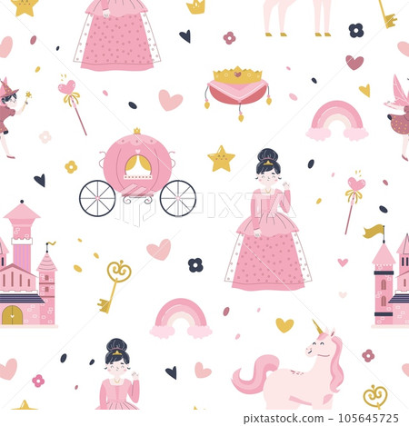 Princess seamless pattern. Castle, crown and little fairy lady in dress. Magic fantasy children fabric print. Fairytale unicorn, creative snugly vector background Princess seamless pattern. Castle, crown and little fairy lady in dress. Magic fantasy children fabric print. Fairytale unicorn, creative snugly vector background 105645725
