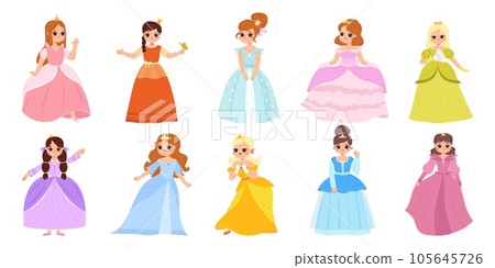 Cartoon little princess children, cute princesses in magic beautiful dress. Babies fairy lady characters, adorable queen snugly vector set Cartoon little princess children, cute princesses in magic beautiful dress. Babies fairy lady characters, adorable queen snugly vector set 105645726