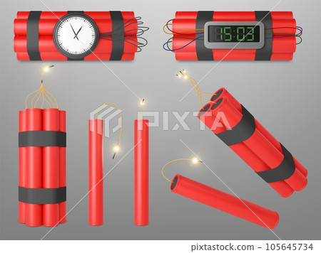 Realistic burning dynamite bomb sticks, 3d explosive red bomb with  explosion timer. Dynamite military weapon, explosive red sticks vector  illustration set. Dynamite sticks Stock Vector