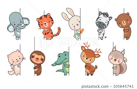 Wild animals peeking, cute cartoon animal looking out wall. Elephant, bear and kitten characters. Cute funny friendly crocodile nowaday vector set Wild animals peeking, cute cartoon animal looking out wall. Elephant, bear and kitten characters. Cute funny friendly crocodile nowaday vector set 105645741
