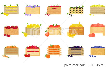 Fruits in wooden boxes and crates. Box with fruit, berries in crate. Wood organic market pack, harvest fresh agriculture ingredients, decent vector set Fruits in wooden boxes and crates. Box with fruit, berries in crate. Wood organic market pack, harvest fresh agriculture ingredients, decent vector set 105645746
