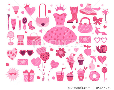 Pink aesthetic barbiecore collection. Isolated glamorous elements accessories, clothes, cosmetics, food, sweets, gift and balloons for girl princess. Vector illustration in hand drawn style Pink aesthetic barbiecore collection. Isolated glamorous elements accessories, clothes, cosmetics, food, sweets, gift and balloons for girl princess. Vector illustration in hand drawn style 105645750