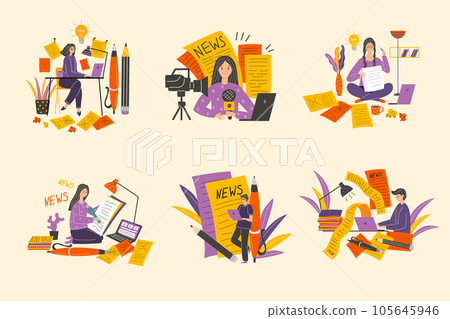 Journalist. Copywriter working at laptop blogger writing articles typing at tablet recent vector concept stylized illustrations 105645946