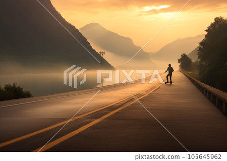 Skateboarder driving on the highway Skateboarder driving on the highway 105645962