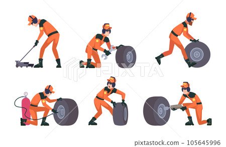 Pit stop. Sport racer mechanics changing tire at racing cars exact vector illustrations set Pit stop. Sport racer mechanics changing tire at racing cars exact vector illustrations set 105645996