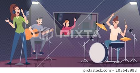 Sound studio. Interior workplace for sound designers and singers record studio exact vector cartoon background Sound studio. Interior workplace for sound designers and singers record studio exact vector cartoon background 105645998