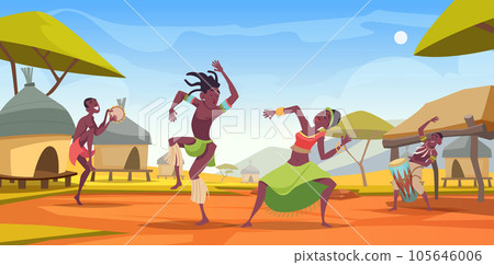 African people. Tribal authentic african characters outdoor landscape moving and dancing exact vector cartoon template 105646006